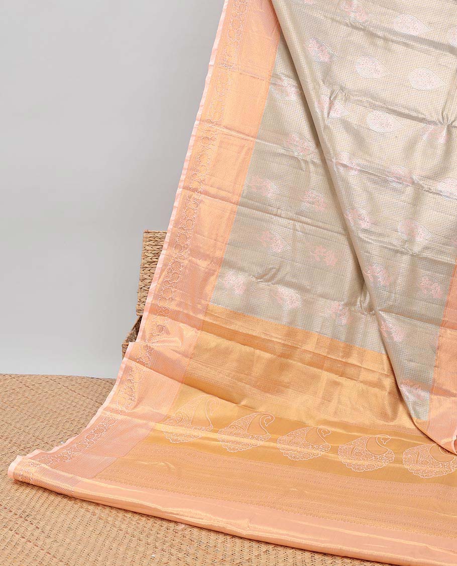Grey checked, floral motifs semi tissue saree with contrast floral zari design border & intricate zari design pallu