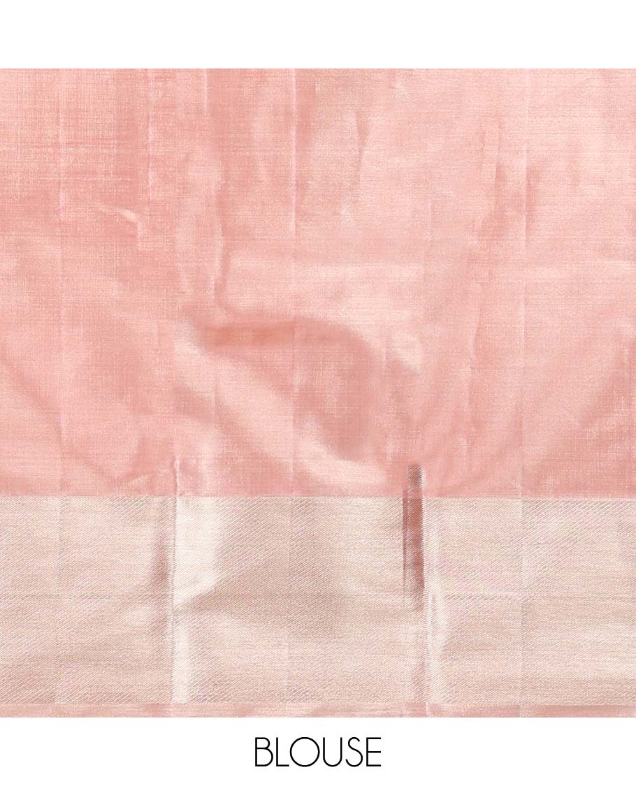 Baby pink geometric design kancheepuram tissue silk saree with self border of banaras design & checked, floral zari design pallu
