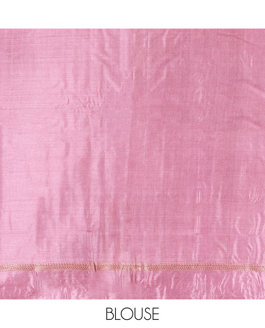 Green Tusser Silk Saree, Adorned with Buttas, a Contrast Floral Embroidered Border, Grand Pallu, and a Contrast Blouse