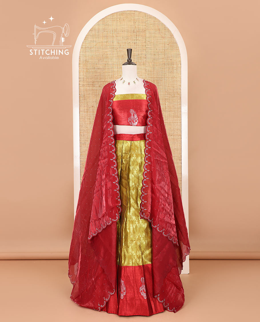 Mustard- pink half-saree, floral jaal jacquard banarasi skirt, contrast traditional zari stone work border,  matching blouse, and contrast scallop embroidered velvet organza dhavani