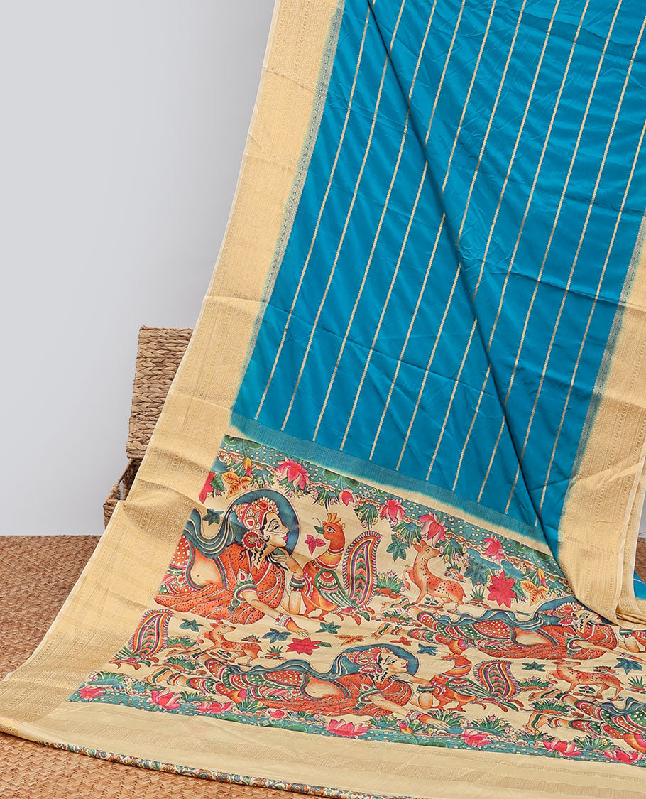 Blue striped design  mysore silk saree with contrast intricate zari border & human, animal , floral design pallu