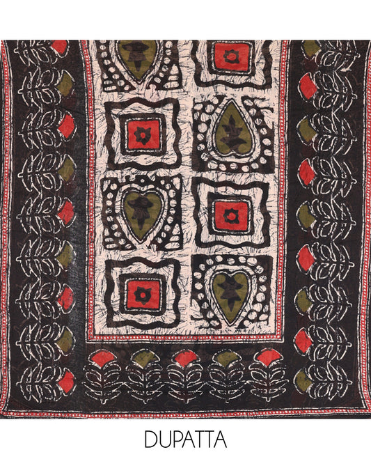 Black-Red Cotton Material Chudidar Features Batik-Printed Top, a Contrast-Printed Bottom, Batik-Printed Dupatta