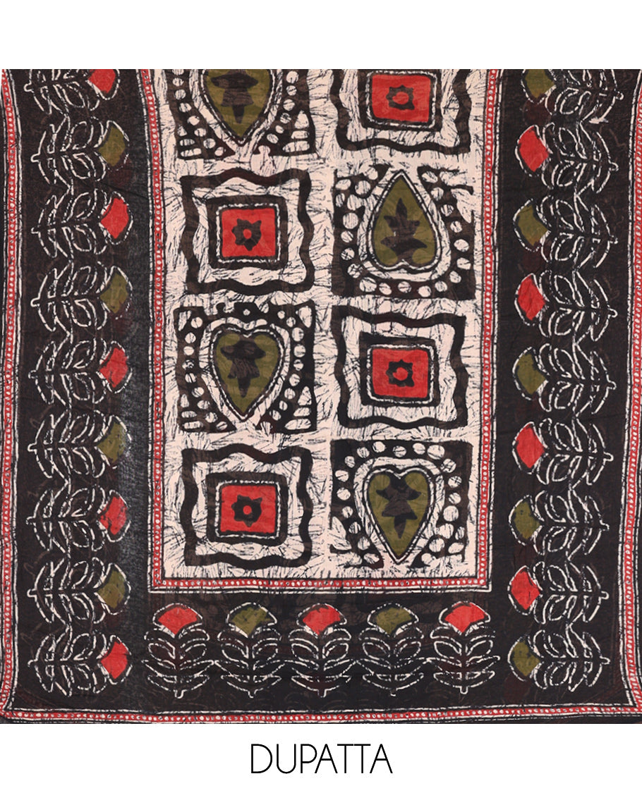 Black-Red Cotton Material Chudidar Features Batik-Printed Top, a Contrast-Printed Bottom, Batik-Printed Dupatta