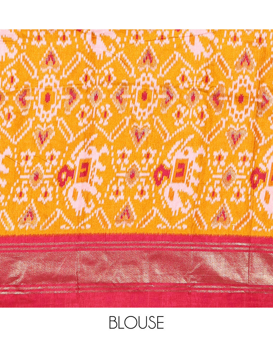 Red patola inspired pochampally elephant motifs dola silk saree, contrast traditional zari border, patola printed pallu, and contrast patola printed blouse