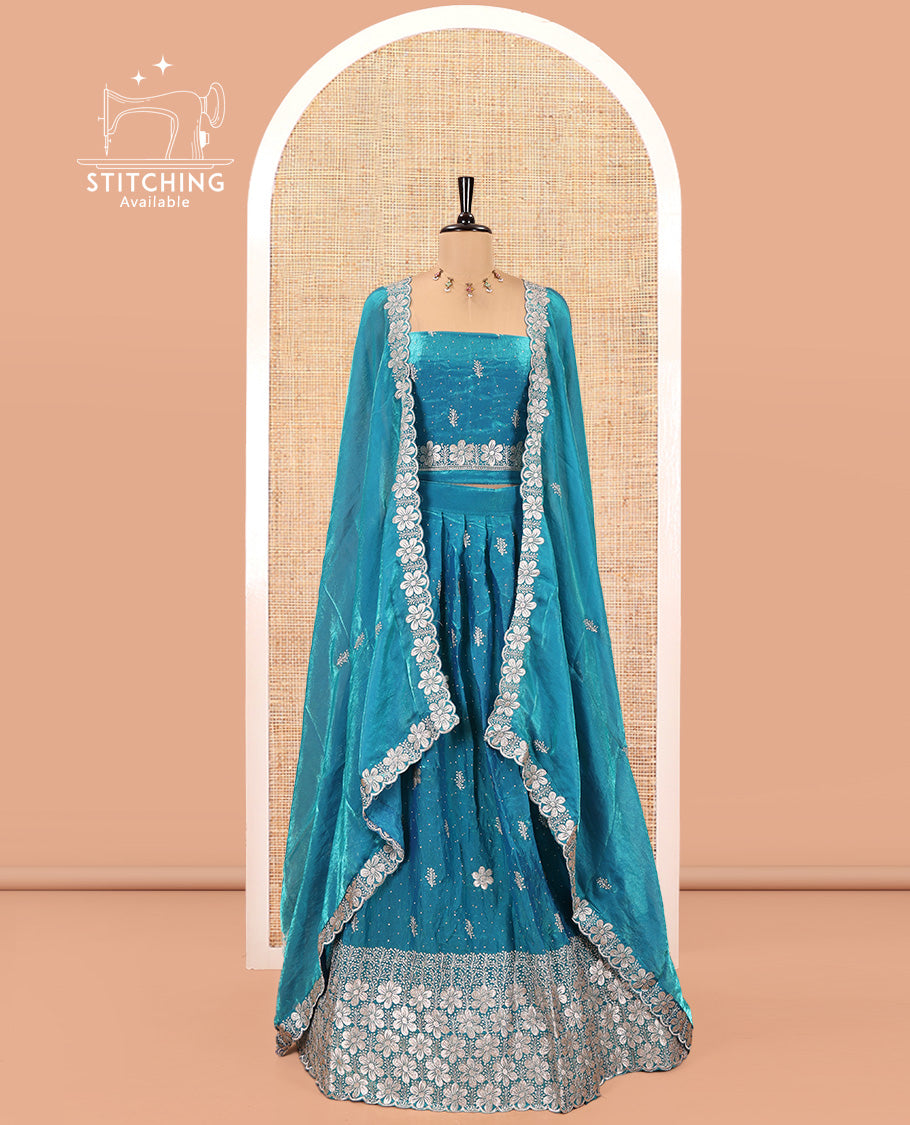 Firozi Blue Fendi Organza Half-Saree Set, Features Floral Embroidered Skirt, Matching Blouse, Embroidered Dupatta