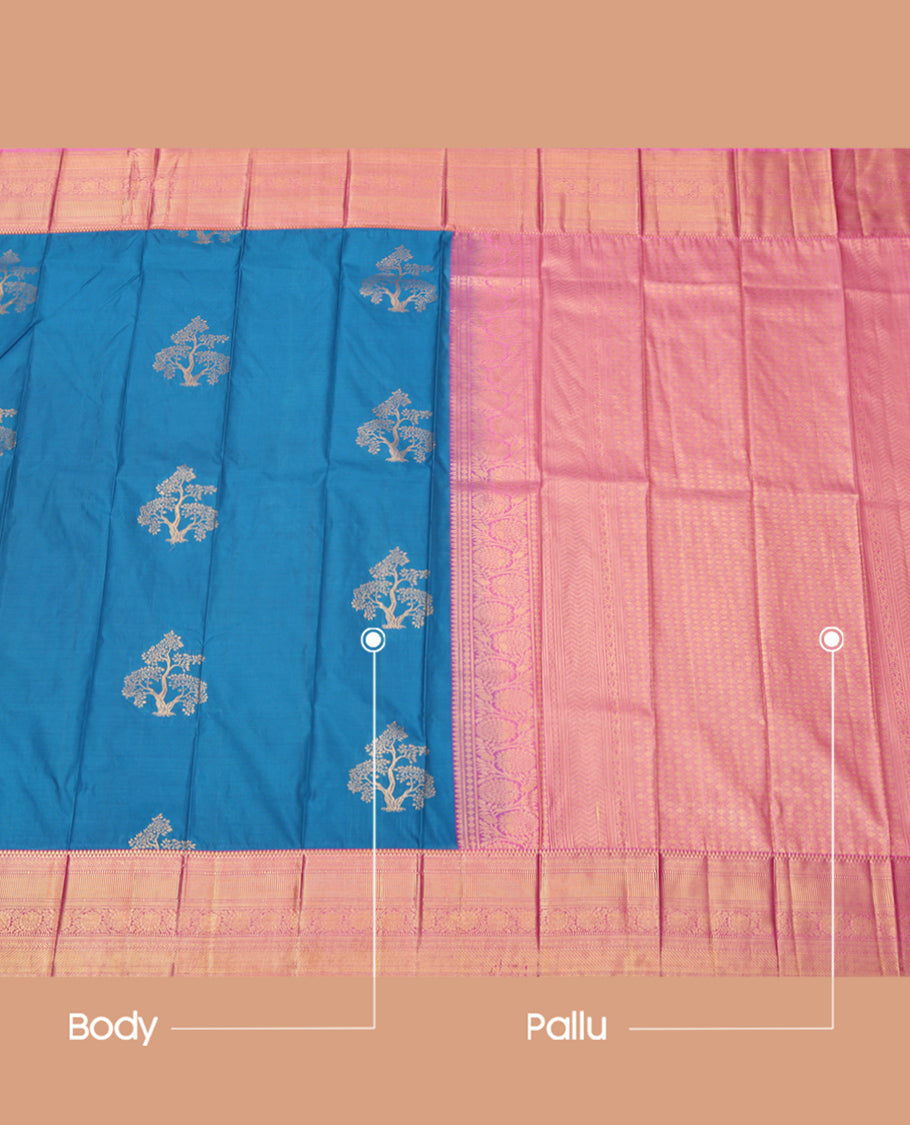 Blue Budget Silk Saree, Adorned with Tree Buttas, Complemented by a Contrast Traditional Zari Border, Grand Pallu, and a Contrast Blouse