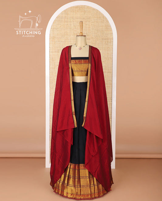 Black mercerised cotton daman zari border half saree with cotton blouse & skya georgette one side zari border dhavani