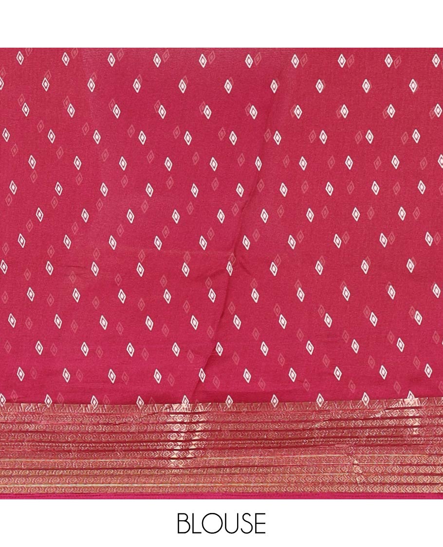 Maroon bandhani printed viscose moss chiffon saree, zari design border, floral-geometric printed pallu & diamond motif printed blouse