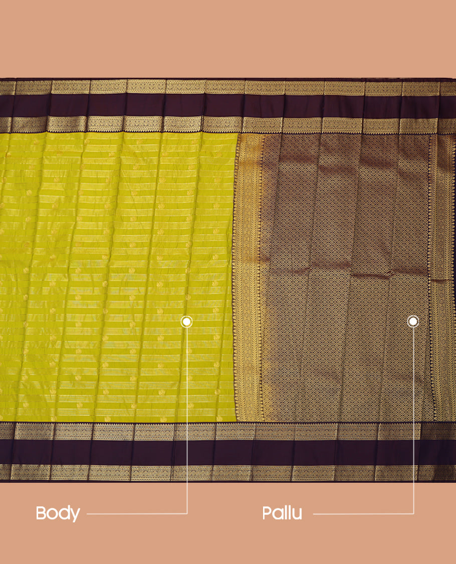 Green Budget Silk Saree, Woven with Buttas and Stripes, a Contrast Traditional Rettai Pettu Border, Grand Pallu, and a Contrast Blouse