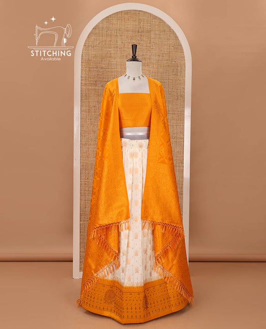 Cream semi-banaras half-saree, zari buttas & contrast Swarovski stonework traditional border skirt, jacquard blouse & contrast jaal jacquard mustard dhavani