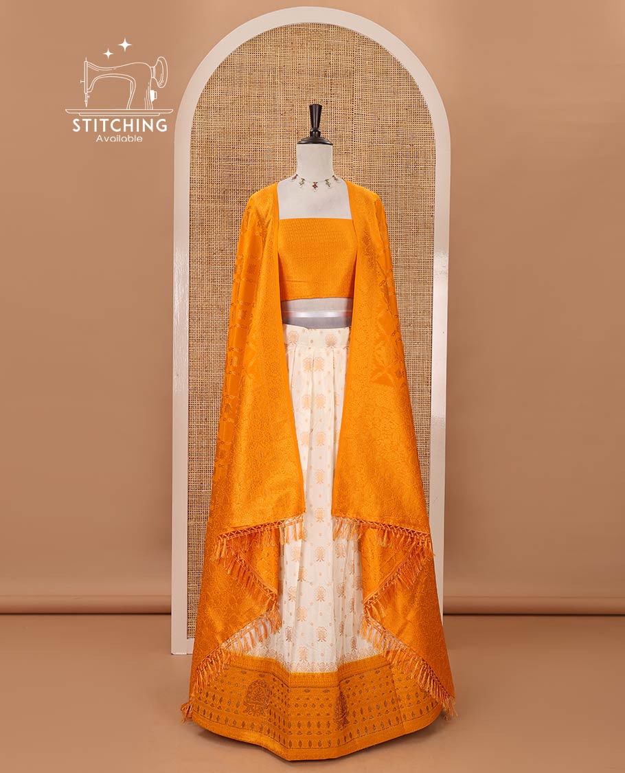 Cream semi-banaras half-saree, zari buttas & contrast Swarovski stonework traditional border skirt, jacquard blouse & contrast jaal jacquard mustard dhavani