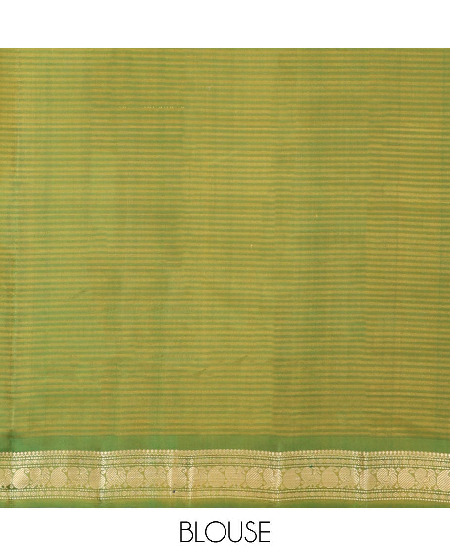 Green striped flower buttas kancheepuram silk saree with contrast border of sombu, paisley design & zari design pallu
