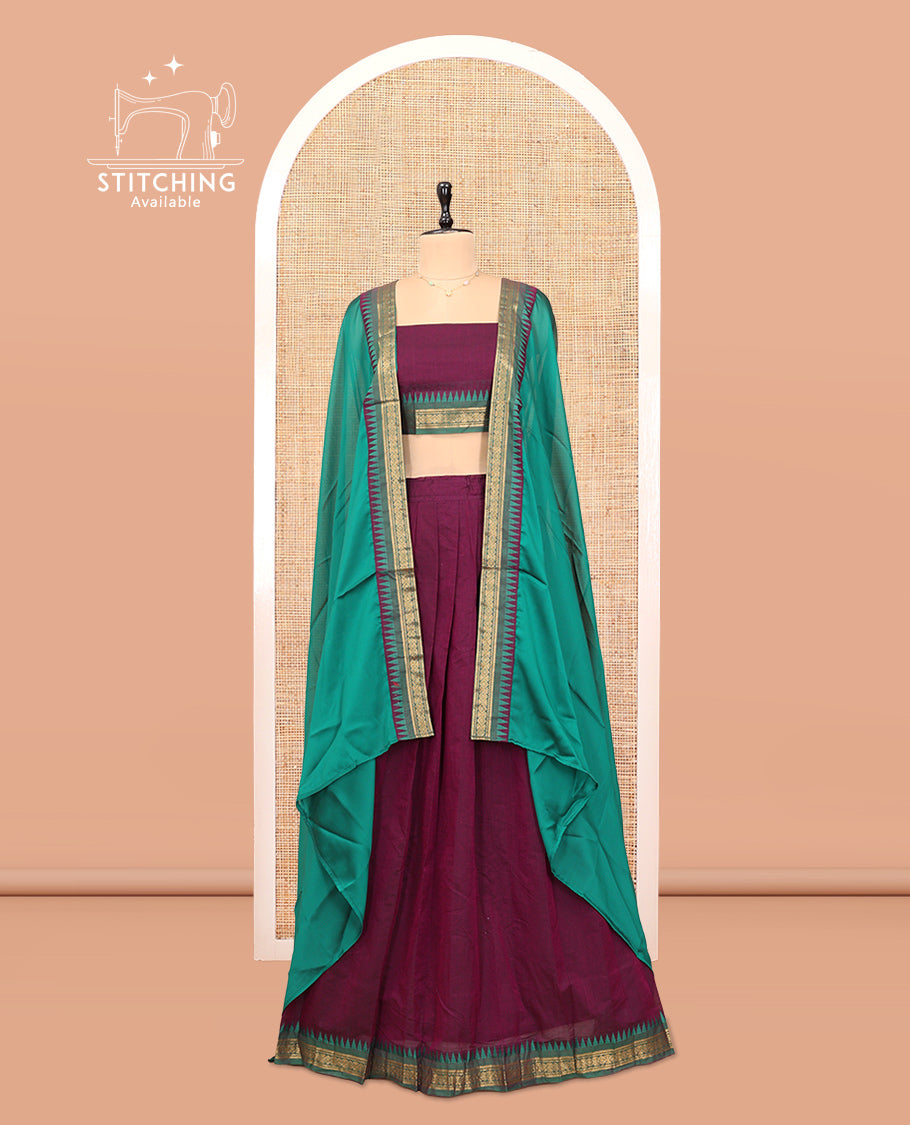 Purple Cotton Half-Saree Features Plain Skirt, a Contrast Temple Border, a Matching Blouse, and a Contrast Dhavani