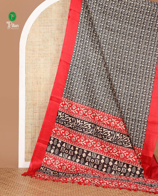 Maroon batik-style geometric motifs block printed khadi cotton saree,contrast border, batik floral print pallu & plain black blouse