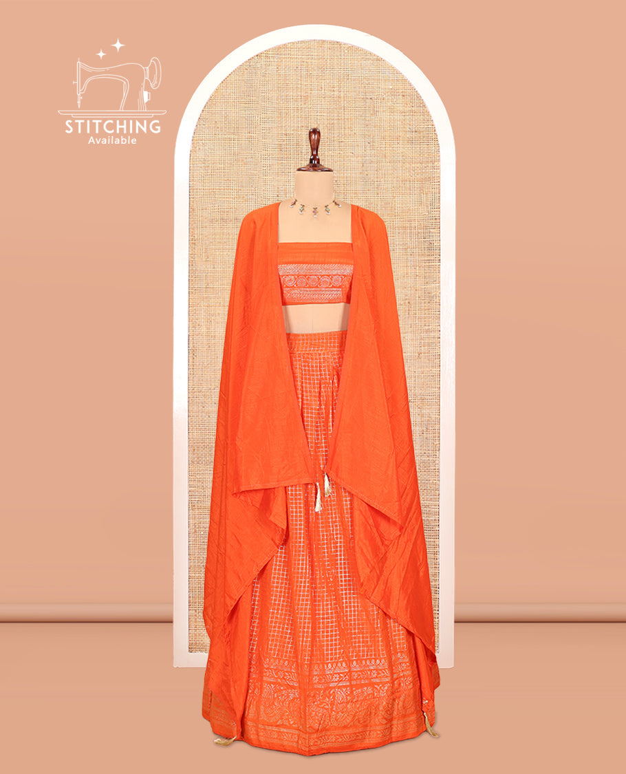 Orange Vichitra Silk Half Saree with Zari Checks, a Traditional Zari Border, Matching Blouse and a Dhavani