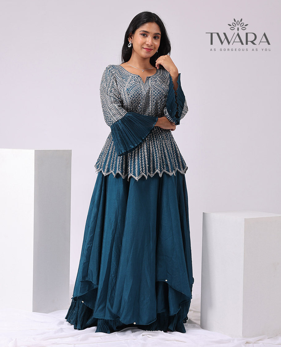Twara blue intricate floral embroidered round neck, 3/4 th sleeve short top with plain skirt & plain dupatta