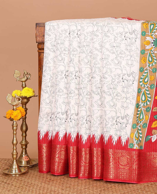 White pichwai cow & lotus printed dola silk saree,contrast red temple traditional zari border, kalamkari printed pallu & printed blouse
