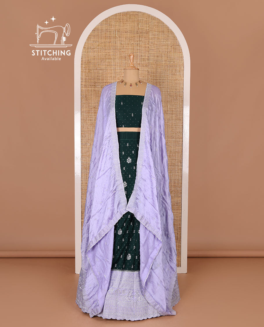 Dark Green half-saree, floral motifs embroidered semi raw silk top, matching embroidered blouse, and contrast scallop embroidered georgette dhavani