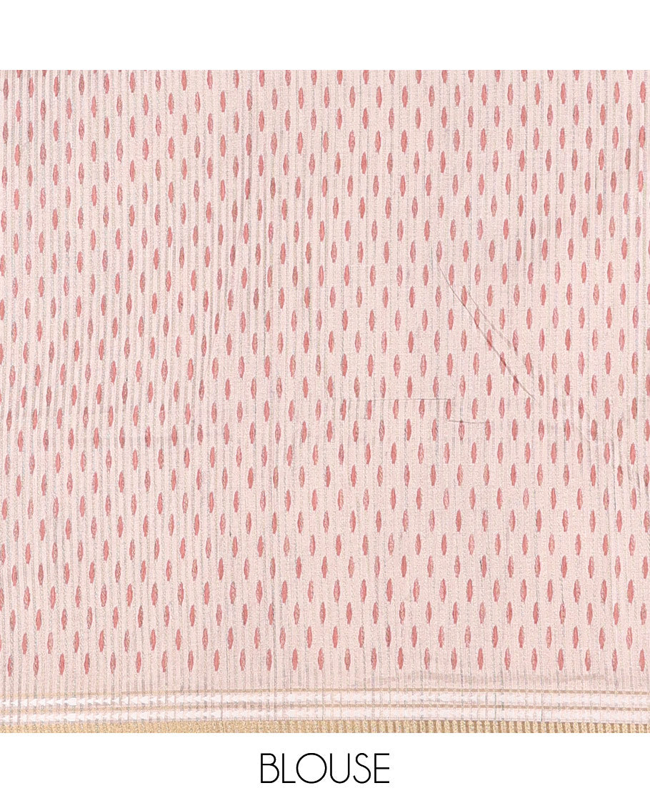 Multi color vertically striped semi-tussar saree, contrast resham thread border of temple and rudraksham motifs, striped pallu, and contrast striped printed blouse