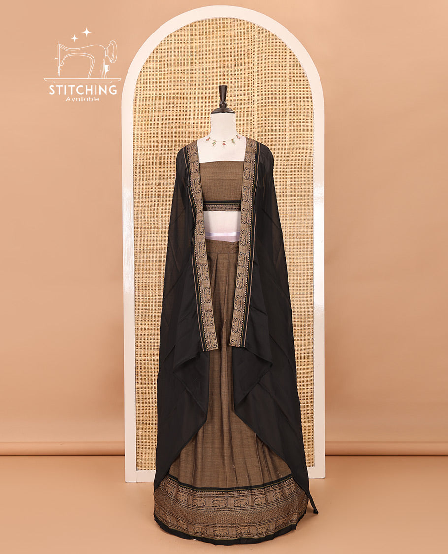 Brown with balck cotton half saree with contrast elephant design border,elephant design blouse & zari design border dhavani