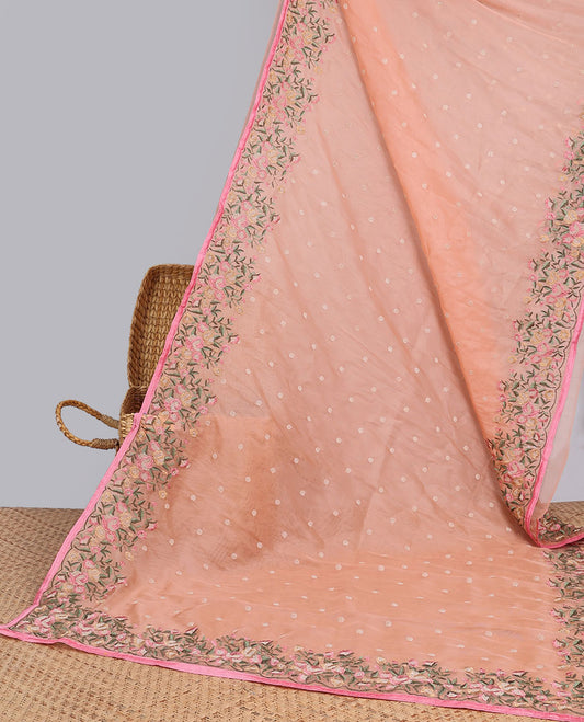 Orange motifs embroidery net designer saree with self floral border & floral embroidery pallu 