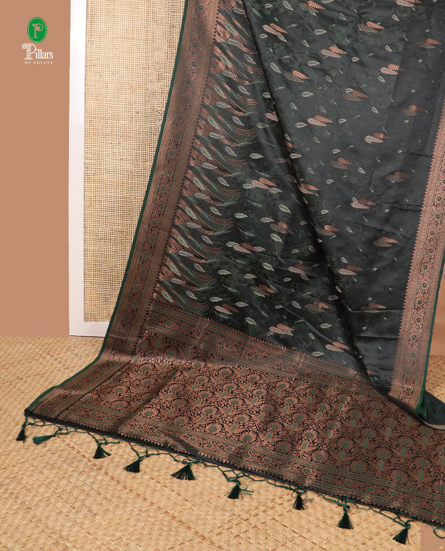 Green copper thread leaf design mulberry satin silk saree with zari border & rich pallu along with emboss zari border blouse
