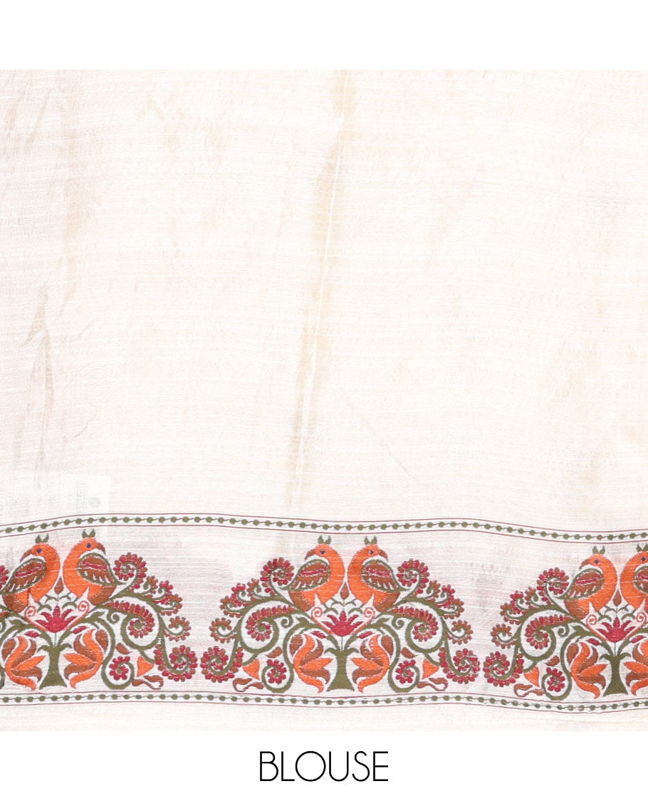 Half-white lotus motifs thread woven jute cotton, scallop thread woven border, pallu of lotus, peacock and paisley designs along with a plain blouse