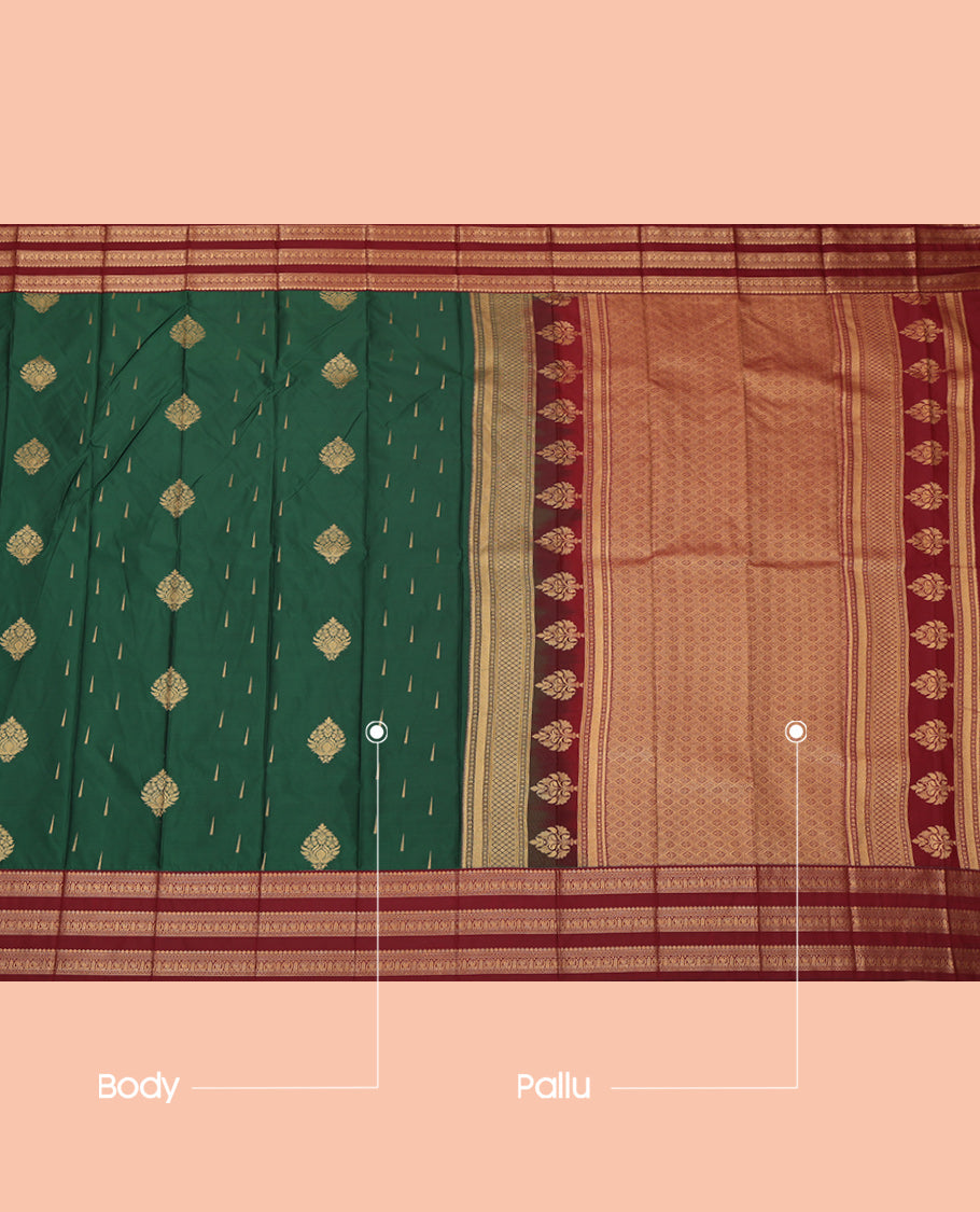 Green Budget Silk Saree, Adorned with Zari Buttas, a Contrast Traditional Zari Border, Grand Pallu, and a Contrast Blouse