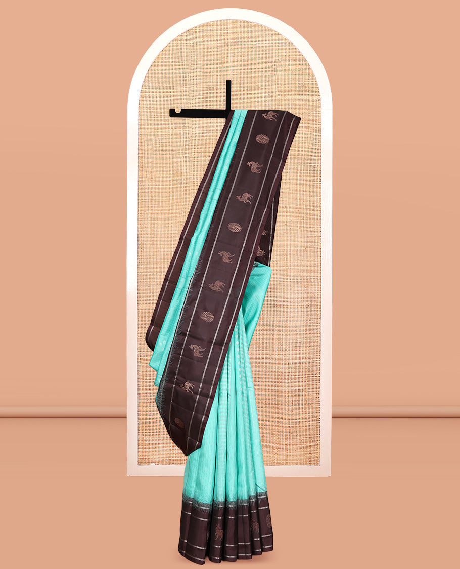 Green Striped Kanchipuram Silk Saree, Complemented by a Contrast Border of Maan and Rudraksham Motifs, Jaal Pallu, and Contrast Blouse