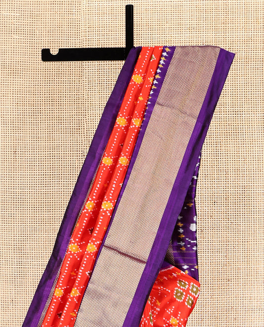 Orange Pochampally Ikat Silk Saree, Accentuated with Intricate Designs, a Contrast Border of Floral Creeper and Peacock-Eye Designs, Floral Creeper Pallu, and a Contrast Blouse