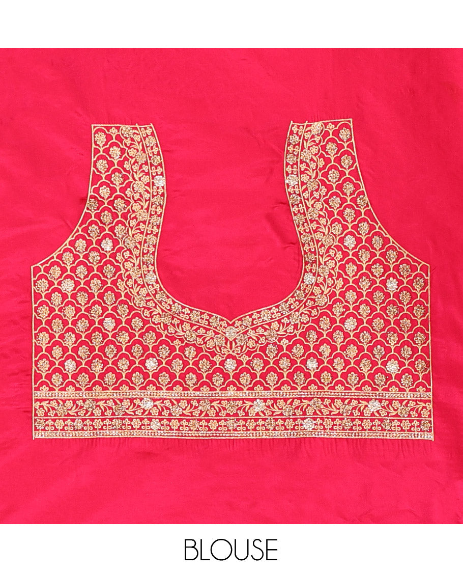 Red Banarasi Satin Saree, Adorned with Floral Jaal Jacquard, a Floral Creeper Border, Intricate Stonework Pallu, and a Matching Blouse