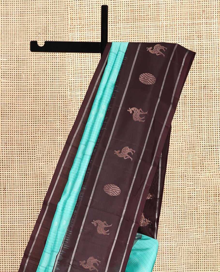 Green Striped Kanchipuram Silk Saree, Complemented by a Contrast Border of Maan and Rudraksham Motifs, Jaal Pallu, and Contrast Blouse