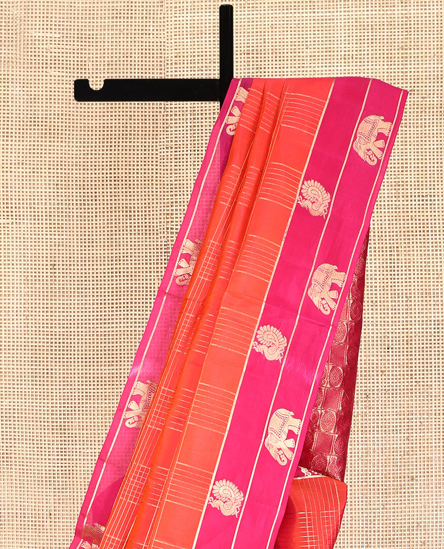 Orange Mayuri Lite Silk Mix Saree, Adorned with Zari Checks, Complemented by Contrast Mayil-Yaanai Border, Pallu of Mayil and Chakram, and a Contrast Blouse