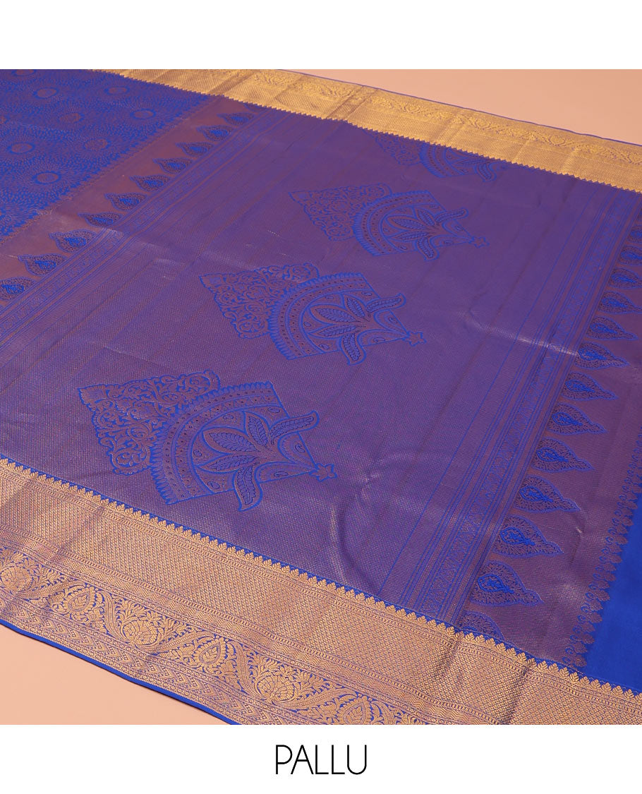 Blue Kanchipuram Wedding Silk Saree, Embellished with Jacquard Design on Its Body, Highlighted by Zari Border of Muthu, Jaal, Diamond, Vanki, and Kodi Visiry Designs, Intricately Designed Pallu, and Paired with a Matching Blouse