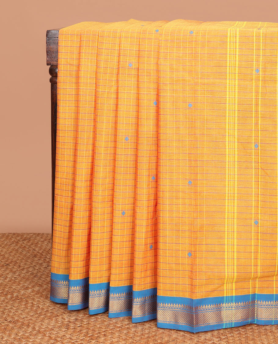 Orange checked Chettinad cotton saree with thread buttas, contrast traditional motif border & striped pallu