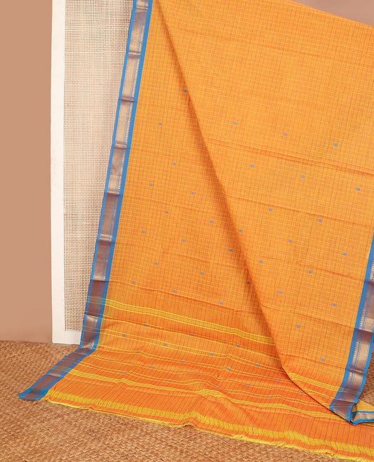 Orange checked Chettinad cotton saree with thread buttas, contrast traditional motif border & striped pallu