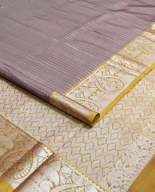 Grey striped design venkatagiri cotton saree with contrast zari design pallu & ogee design pallu
