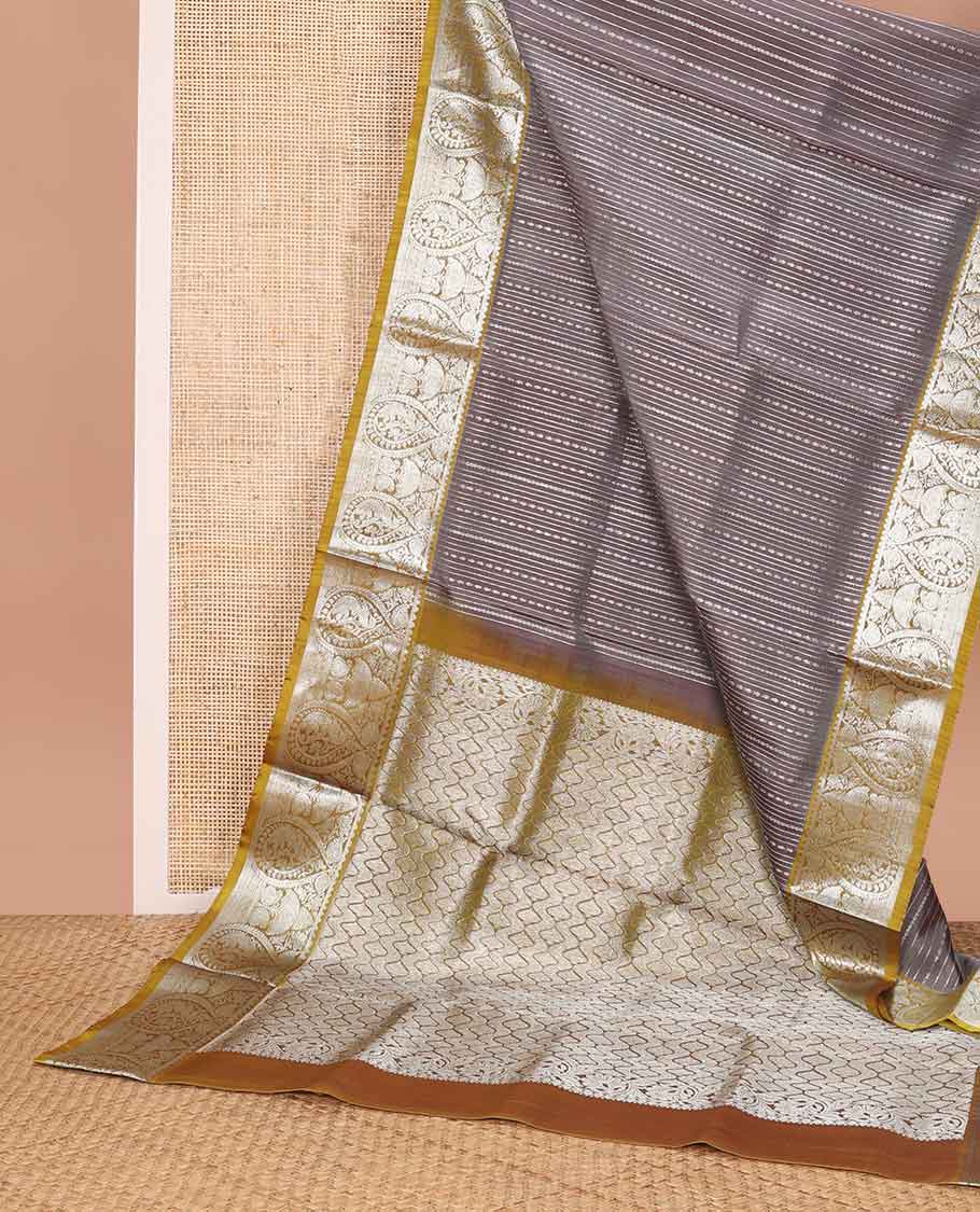 Grey striped design venkatagiri silk saree with contrast zari design pallu & ogee design pallu