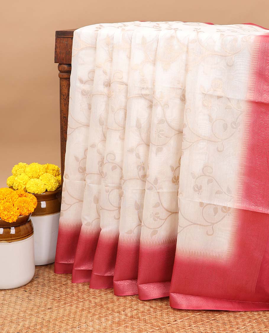 Borderless off white zari weaving khadhi cotton saree with contrast dark pink weaving pallu
