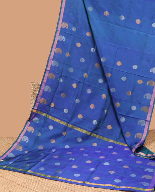 Blue uppada saree with unique buttas, plain border & pallu of unique motif & paisleys