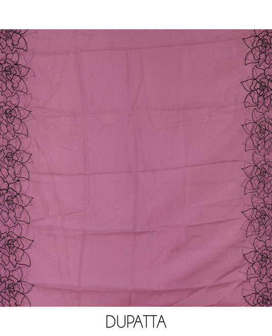 Black and lavender organza material churidar set, Lucknowi chikankari floral vine embroidery top, plain bottom, and contrast floral embroidery dupatta