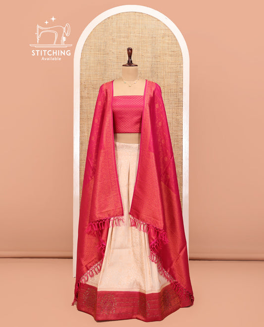 Cream Art Silk Half Saree, Subtly Sparkled with Jacquard Skirt, Contrast Traditional Stone-Work Border, a Jacquard Blouse, and Banaras Jacquard Dhavani