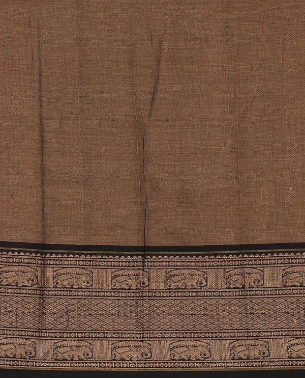 Brown with balck cotton half saree with contrast elephant design border,elephant design blouse & zari design border dhavani