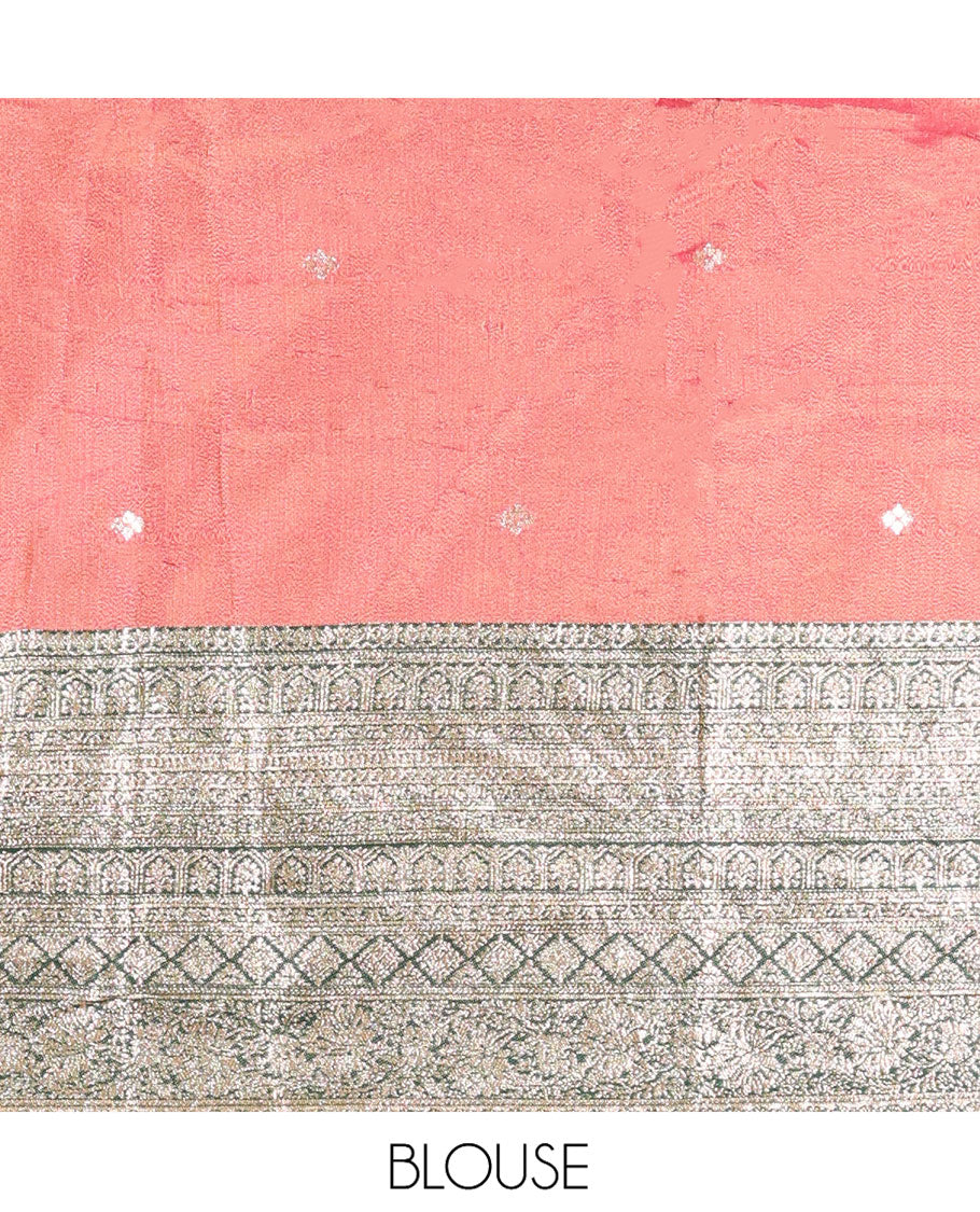 Onion Pink-Green Banarasi Silk Half-Saree Featuring Buttas Skirt, Contrast Traditional Border, Matching Blouse, Syska Georgette Embroidery Dhavani
