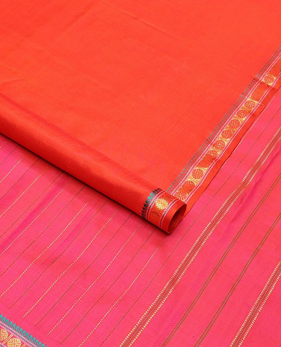 Red kancheepuram silk saree with self border of thilakam mokku, paun design & striped pallu