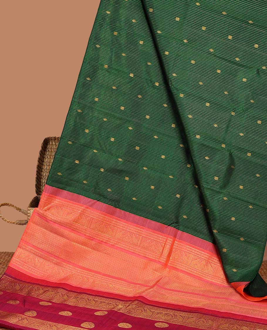 Borderless green kanchipuram silk saree with zari buttas, contrast pallu of jaal & yaanai designs
