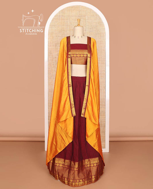 Maroon mercerised cotton daman resham border half saree with mercerised cotton blouse & skya georgette one side resam border work