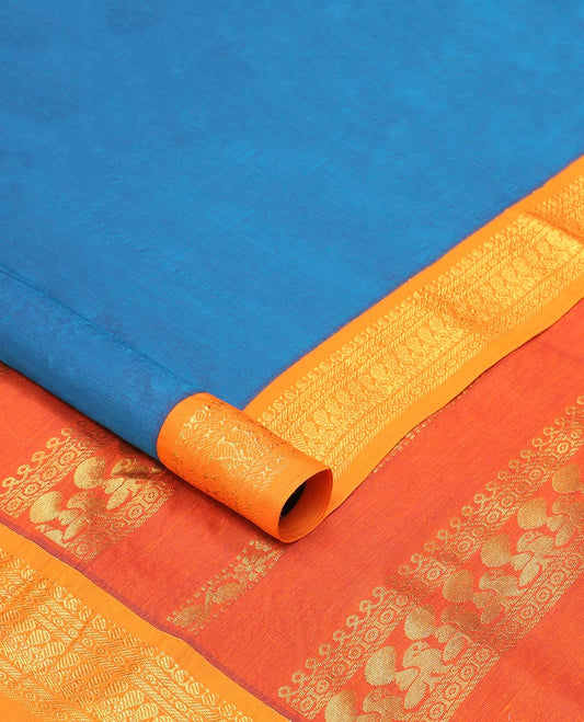 Blue motifs nine yards cotton saree with contrast rettai pettu border & intricate zari design pallu