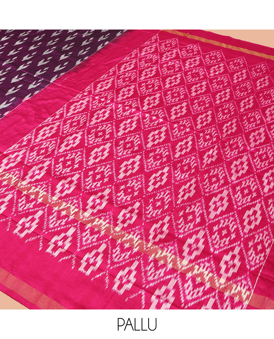 Purple Pochampally Ikat Silk Saree, Adorned with Buttas All Over Its Body, Complemented by a Contrast Temple Border of Geometric Patterns, Ikat-Style Jaal Pallu, and Paired with a Contrast Blouse