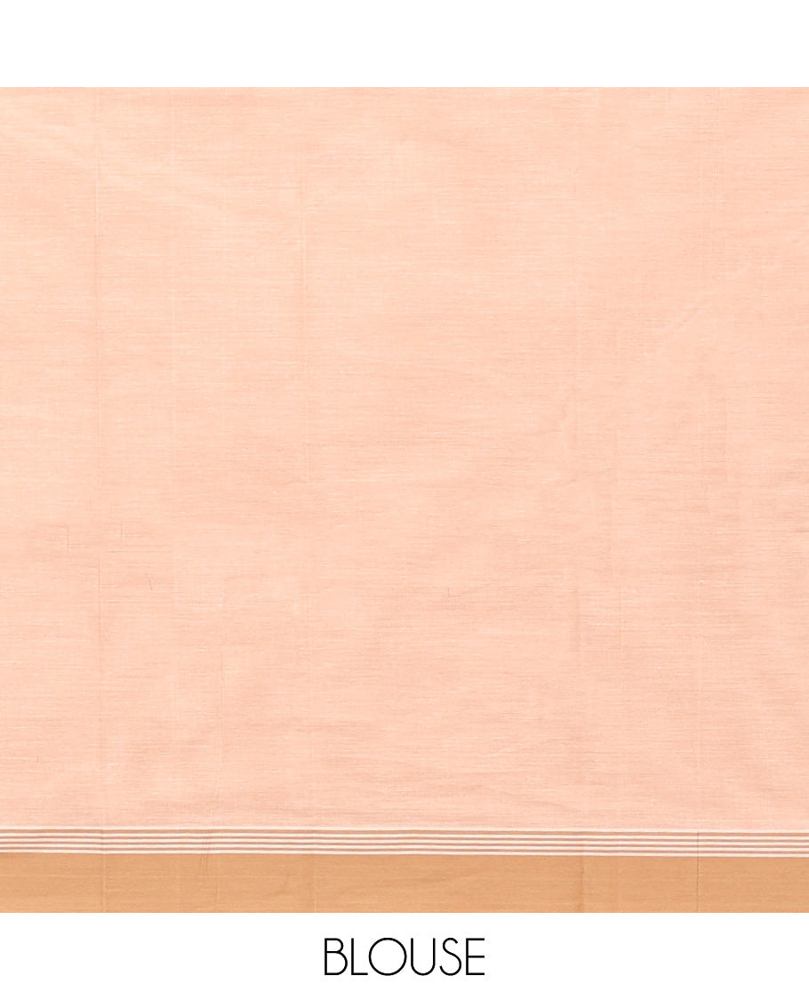 Sandal Kanchi Cotton Saree, Beautified with Buttas All Over Its Body, Complemented by Contrast Border, Pallu Steeped with Stripes and Paisleys, and Paired with a Matching Blouse